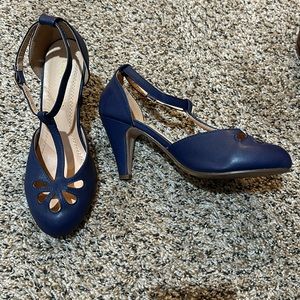 Navy blue T-strap heels